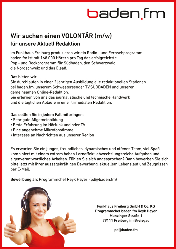 VOLONTÄR (m/w) in der Aktuell Redaktion im Funkhaus Freiburg