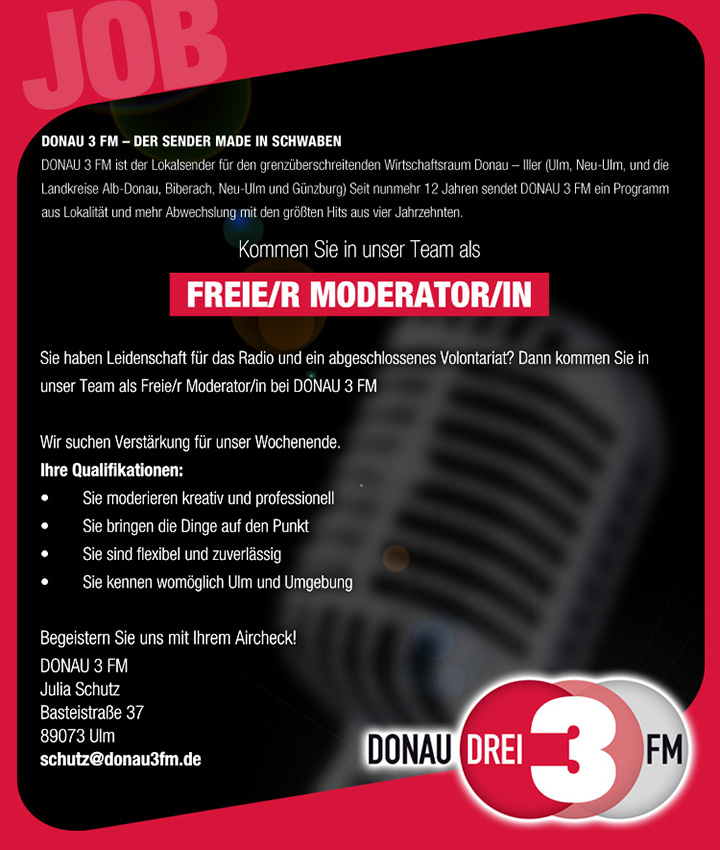 DONAU 3 FM ist der Lokalsender für den grenzüberschreitenden Wirtschaftsraum Donau - Iller (Ulm, Neu-Ilm, und die Landkreise Alb-Donau, Biberach, Neu-Ulm und Günzburg).