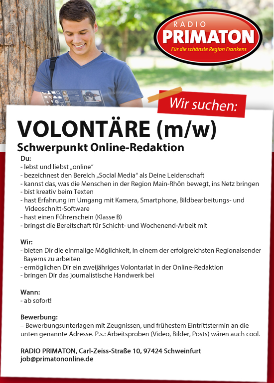 RADIO PRIMATON sucht für die schönste Region Frankens Volontäre (m/w) Schwerpunkt Online-Redaktion.
