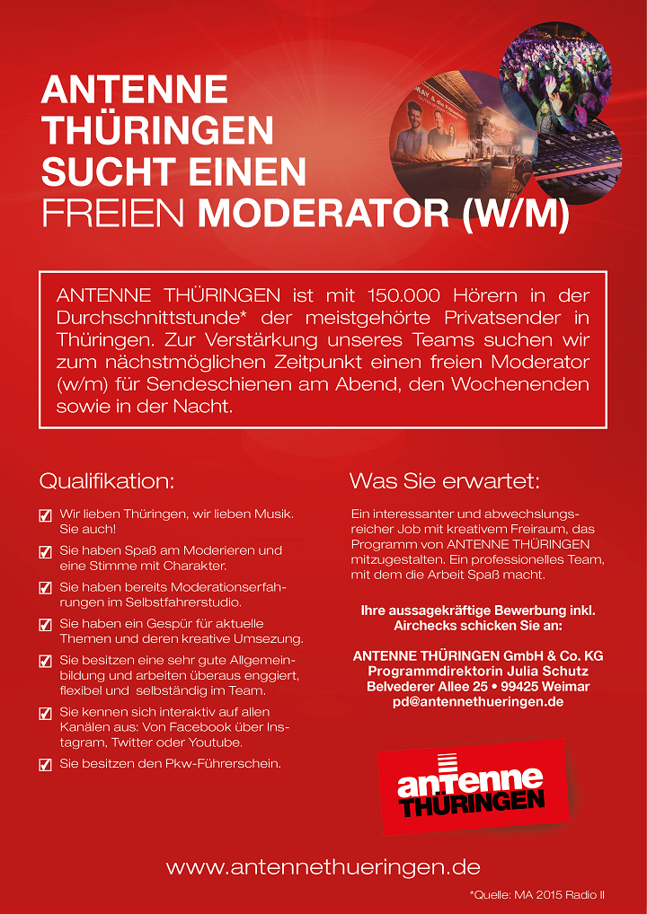 ANTENNE THÜRINGEN ist mit 150.000 Hörern in der Durchschnittsstunde* der meistgehörte Privatsender in Thüringen.  *Quelle: MA 2015 Radio II