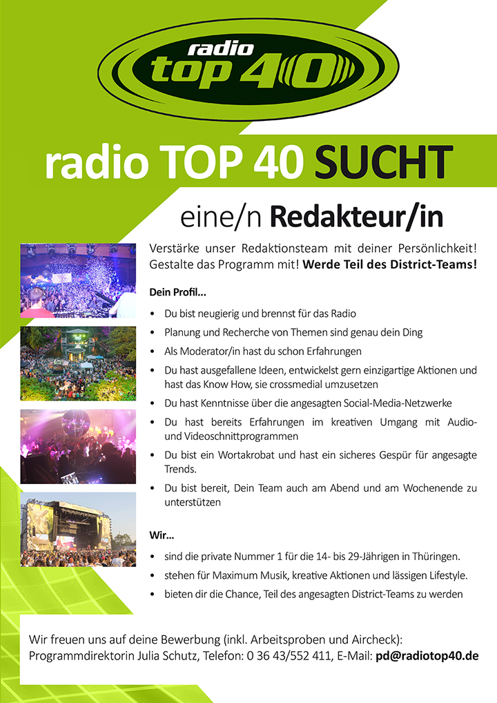 radio TOP 40 ist die private Nummer 1 für die 14- bs 29-Jährigen in Thüringen.