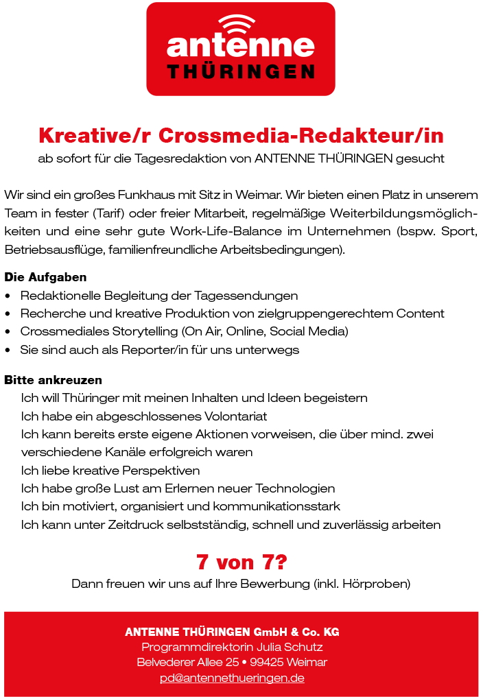 Wir sind ein großes Funkhaus mit Sitz in Weimar. Wir bieten einen Platz in unserem Team in fester (Tarif) oder freier Mitarbeit, regelmäßige Weiterbildungsmöglichkeiten und eine sehr gute Work-Life-Balance im Unternehmen (bspw. Sport, Betriebsausflüge, familienfreundliche Arbeitsbedingungen).