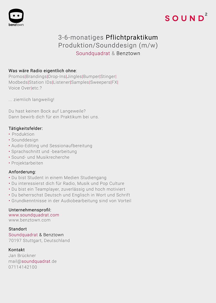 3-6-monatiges Pflichtpraktikum Produktion/Sounddesign (m/w) bei Soundquadrat & Benztown