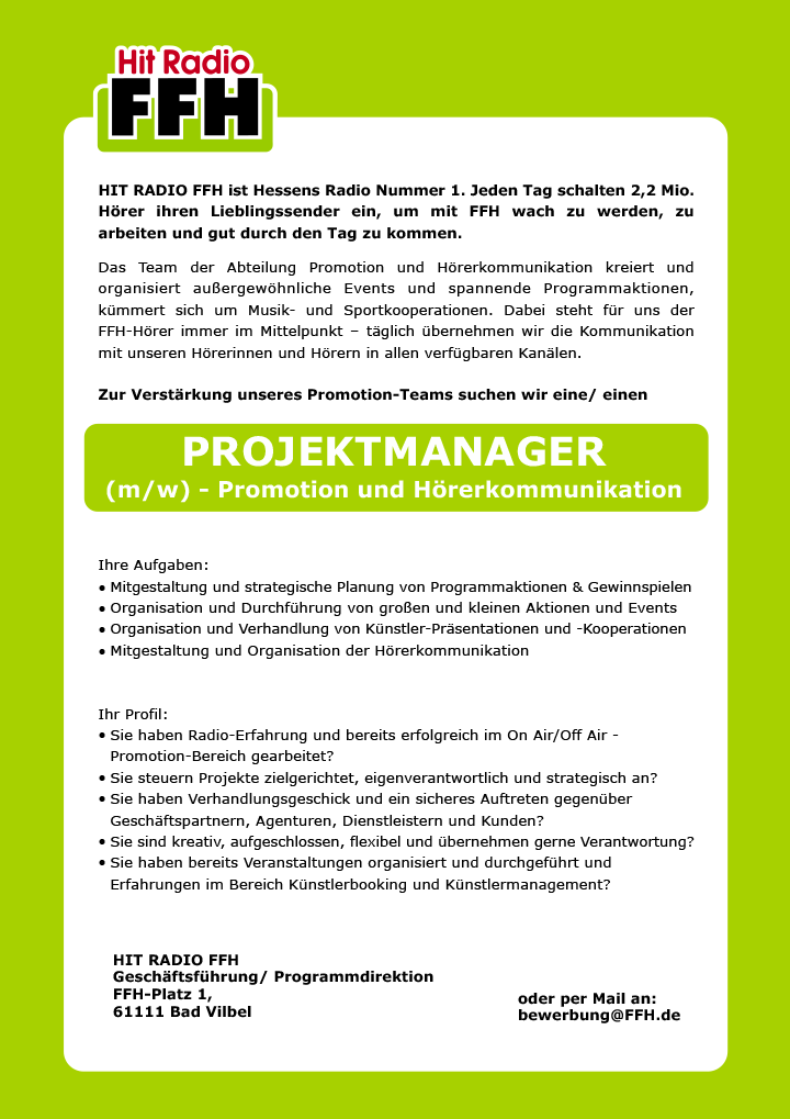 HIT RADIO FFH ist Hessens Radio Nummer 1. Jeden Tag schalten 2,2 Mio. Hörer ihren Lieblingssender ein, um mit FFH wach zu werden, zu arbeiten und gut durch den Tag zu kommen.