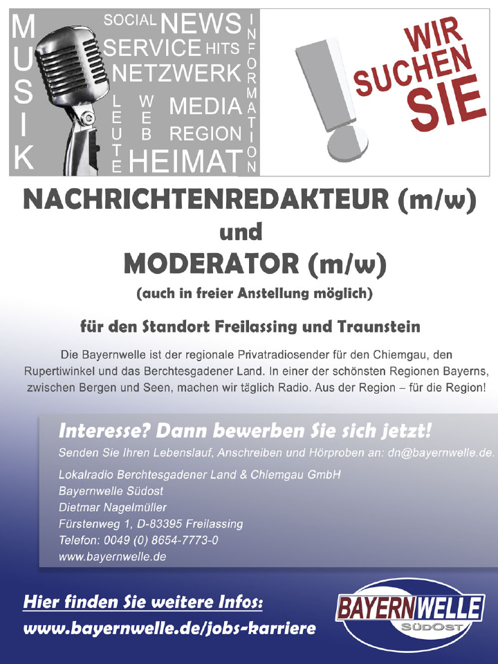 Bayernwelle Südost sucht Nachrichtenredakteur (m/w) und Moderator (m/w)