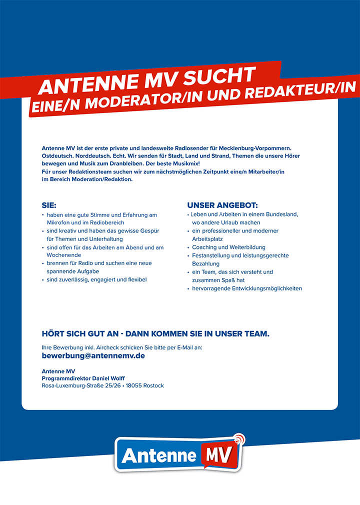 Antenne MV ist der erste private und landesweite Radiosender für Mecklenburg-Vorpommern.