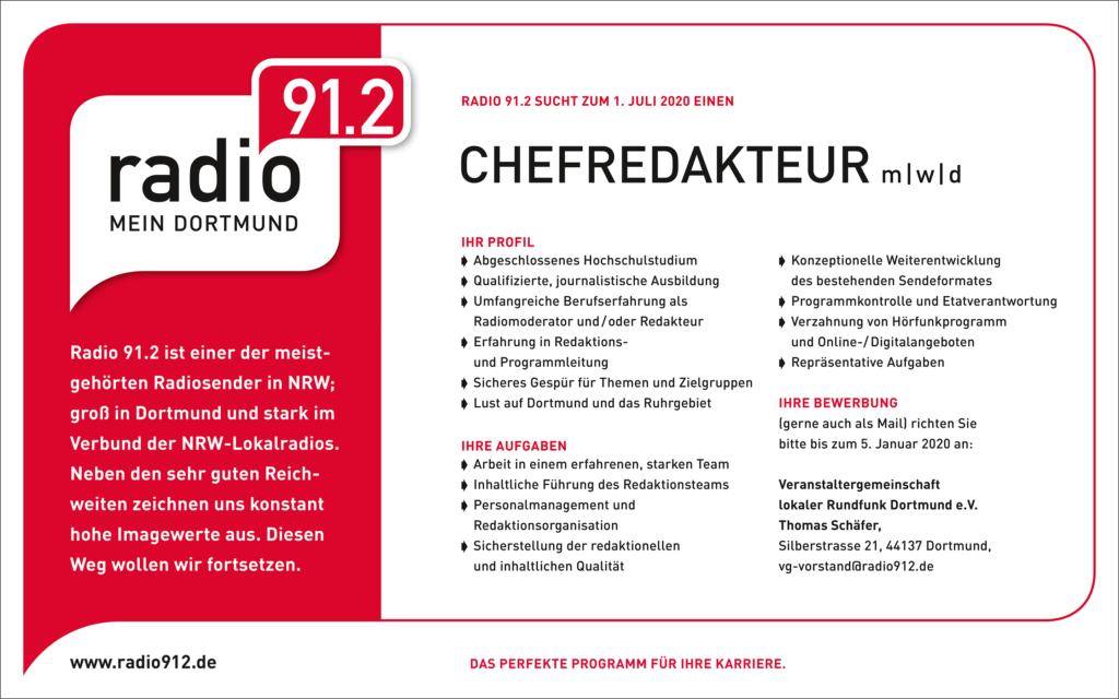Radio 91.2 ist einer der meistgehörten Radiosender in NRW; groß in Dortmund und stark im Verbund der NRW-Lokalradios. Neben den sehr guten Reichweiten zeichnen uns konstant hohe Imagewerte aus. Diesen Weg wollen wir fortsetzen.